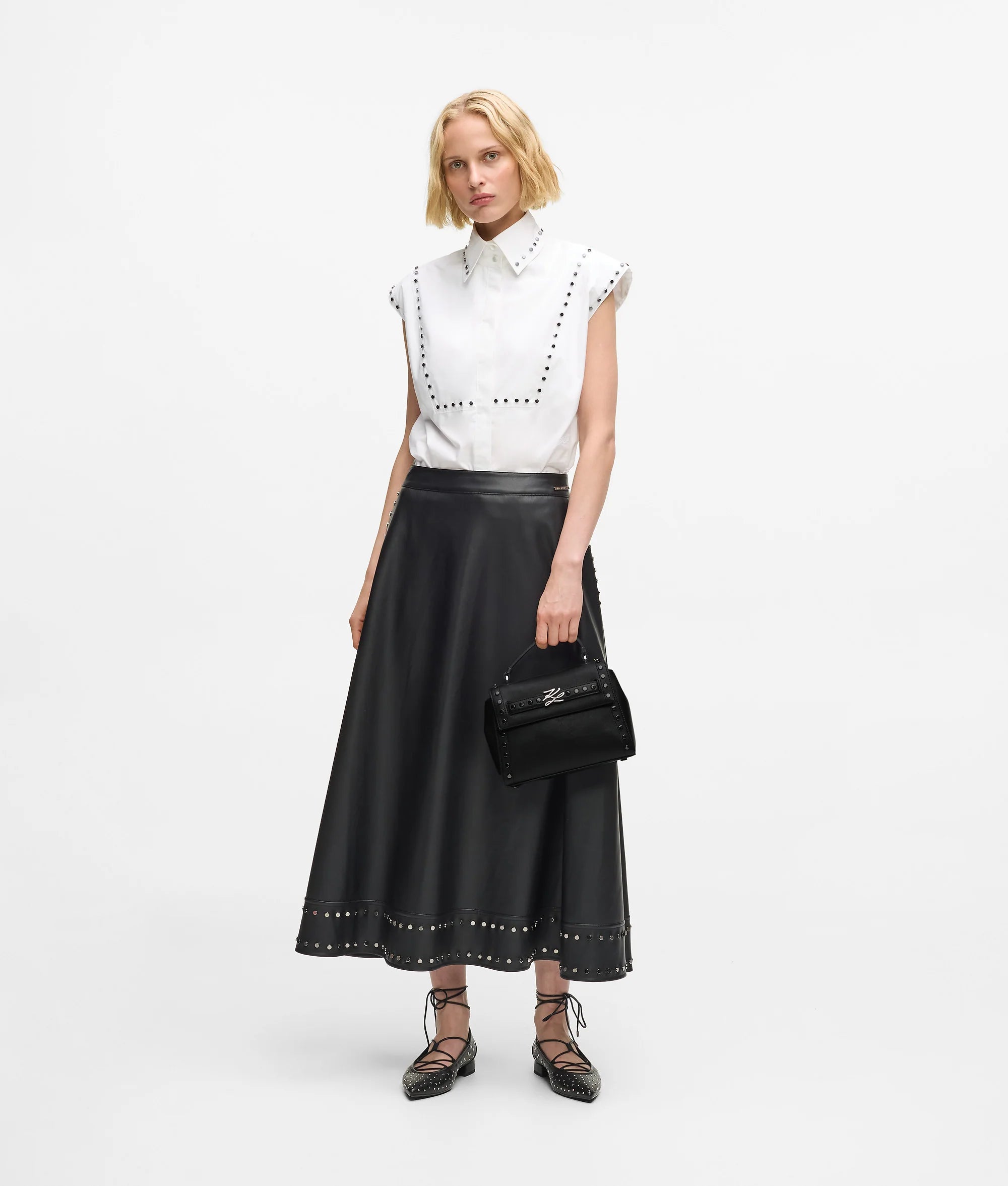 K/AUTOGRAPH STUDDED TOP HANDLE BAG